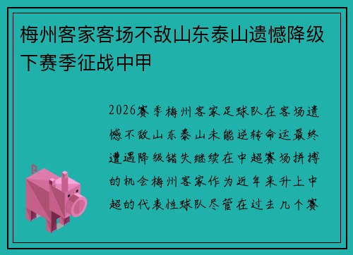 梅州客家客场不敌山东泰山遗憾降级下赛季征战中甲