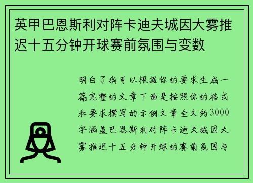 英甲巴恩斯利对阵卡迪夫城因大雾推迟十五分钟开球赛前氛围与变数