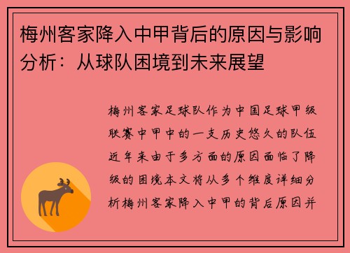 梅州客家降入中甲背后的原因与影响分析：从球队困境到未来展望